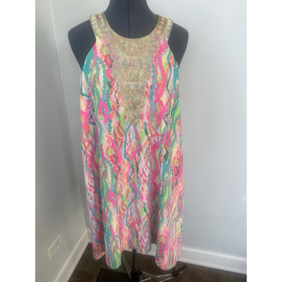 Lilly Pulitzer Silk Beaded Neckline Shift Dress Multicolor Resort Sz L NWOT - Picture 1 of 16